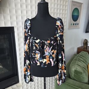 Open Edit Nordstrom Boho Black Floral Crop Top, Long Sleeves Keyhole Tie Front M
